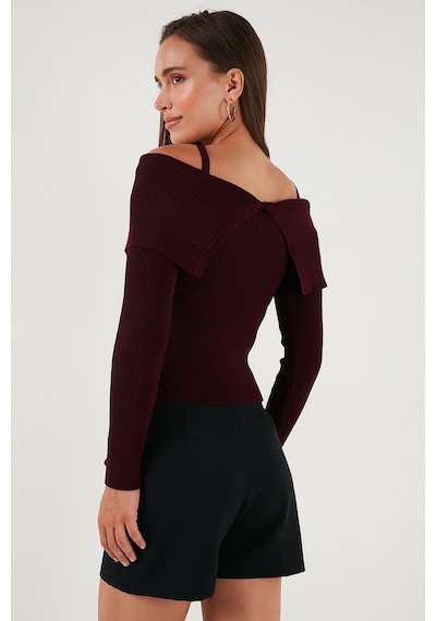 Lela Premium Fitted Fit Carmen Yaka Ip Askı Detaylı Triko Bayan Kazak 680Kz00076 Bordo