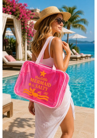 Hig Home Pembe Büyük Boy Şeffaf Plaj Çantası Mermaid Baskılı, Su Geçirmez, Tatil Çantası Beyaz