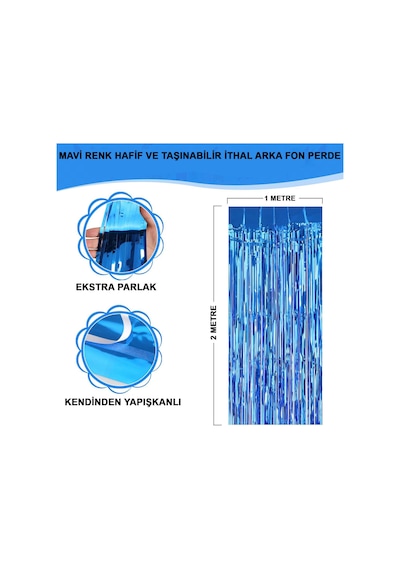 Mavi - 23 - Renk Ekstra Metalize Parlak Saçaklı Arka Fon Perde İthal A Kalite - Csmo-tex - 1x2 Metre Tüm Yaşlar