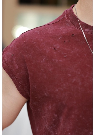 Madmext Bordo Basic Erkek Yırtık Detaylı Şort T-shirt Takım E7319