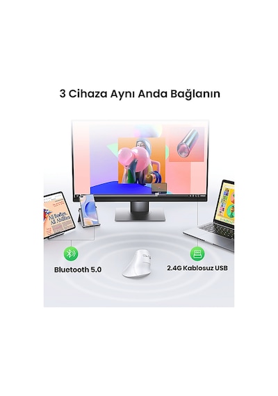 Ugreen Bt 5.0+2.4g 6 Düğmeli 1000/1600/2000/4000 Dpı 45759 Dikey Ergonomik Fare Kablosuz