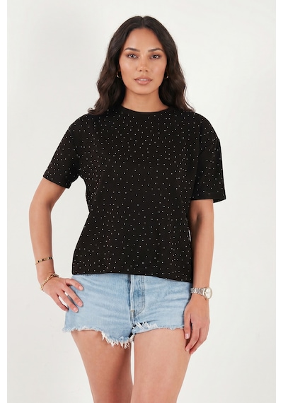 Lela Rahat Kalıp Bisiklet Yaka Taş Detaylı T Shirt Bayan T Shirt 5866943 Siyah