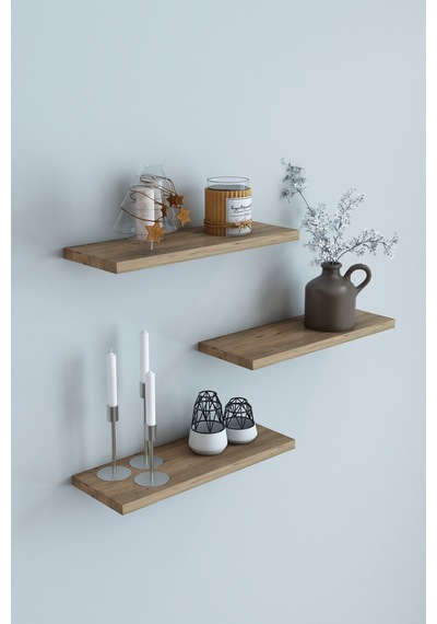 3'lü Uçan Raf Modern Duvar Rafı Iskandinav Gizli Raf Dekoratif Kitap Rafı Biblo Rafı Çam 30x12 Cm Atlantik Çam