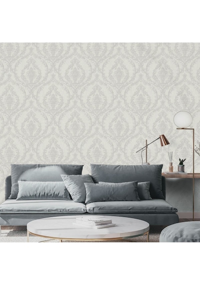 Adawall Timeless Bloom Design Wallpaper - Damask Desen Rococo 1401-3/15, Gri, Krem, 1.06x15.6m - 16.5m² Çok Renkli