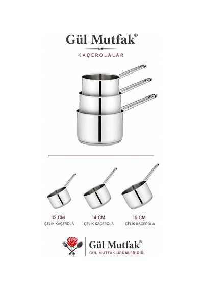 3 Lü Paslanmaz Çelik Kaçerola Sosluk Sütlük Seti Tabanlı 12 - 14 - 16 Cm