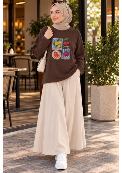 Esra Butik78 Kadın Premium Dokulu Baskılı Oversize Sweatshirt Rahat Ve Modern Stil Kahverengi