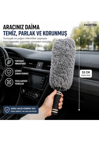Teleskopik Saplı Araba Temizleme Püskülü Mikrofiber Oto Toz Alma Fırçası
