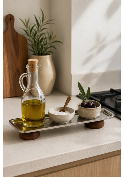 Gümüş Paslanmaz Çelik Çift Ahşap Ayaklı Dikdörtgen Sunum Ve Servis Tabağı 33x13 Cm Gümüş - 915233402 Gümüş