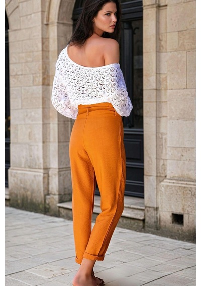WeShaya Kiremit, Yüksek Bel, Kuşak Detaylı, Slim Fit Pantolon Kiremit
