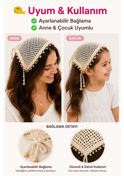Anne Kız Kombin Bandana El Örgüsü Saç Bandı Bohem Stil Ayarlanabilir 2li Set Bej
