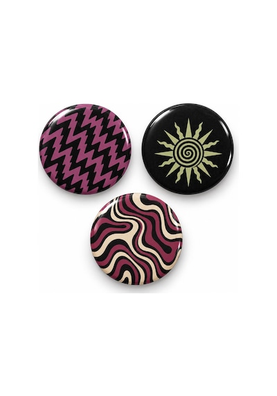 Vintage Zigzag Güneş Ve Dalga Seri 2 - 3 Lü 58mm Rozet Seti Çok Renkli