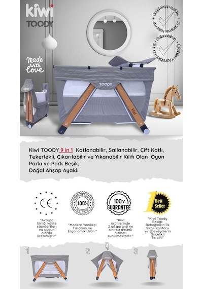 Kiwi Toody All İn One Katlanır Tekerlekli Sallanır Sabitlenir Anne Yanı Park Yatak Beşik - Latte
