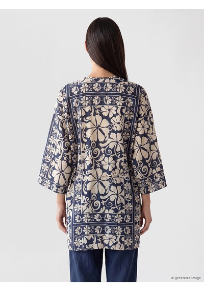 Lcw Everyday Mavi Şal Yaka Desenli Beli Kuşaklı Kadın Kimono