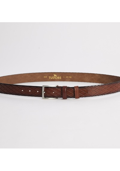 Tudors Erkek %100 Hakiki Deri 3,5 Cm Desenli Klasik Kahverengi Kemer-31570 Bordo