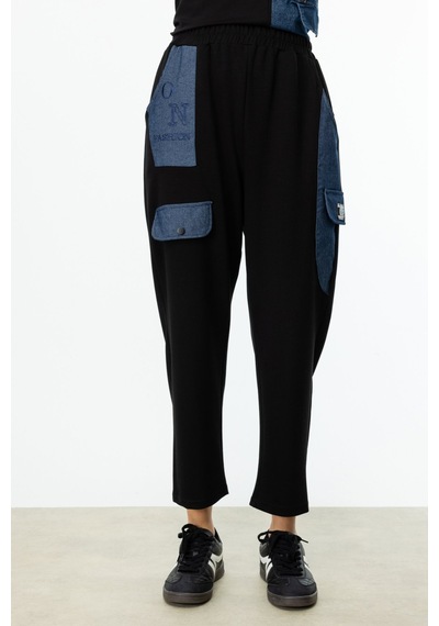 On Beli Lastikli Denim Detaylı Pantolon Siyah