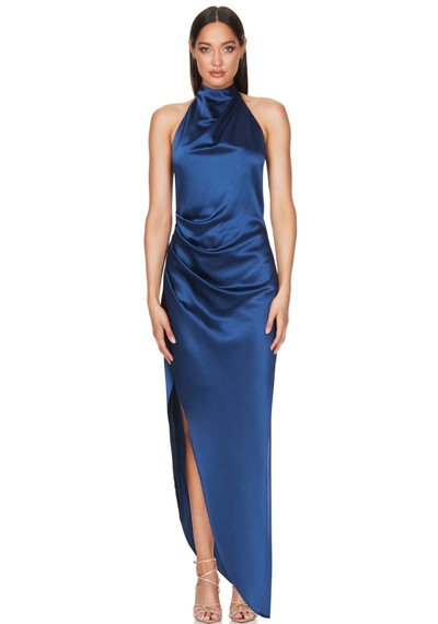 Hanife Glam Couture Hanife Glam Halter Yaka Asetat Saten Elbise Lacivert