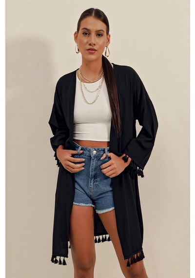 Hiccup Bdart Ponpon Detaylı Midi Plaj Kimono Siyah