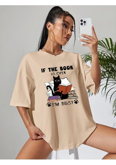 Flood Of Style Kadın Bej İf The Book Baskılı Oversize Bisiklet Yaka Tshirt