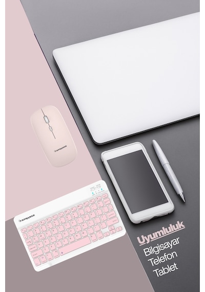 Tablet Ve Telefonlar İçin Bluetooth - Wireless Klavye Ve Mouse Set - Pembe Diğer