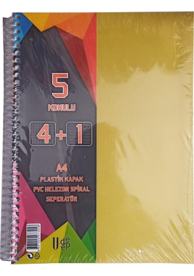 4+1 Ayraçlı Defter 5 Konulu 125 Yaprak 1 Adet 4 Kareli 1 Çizgili Spralli Plastik Kapak Seperatörlü Sarı