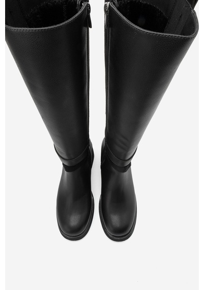 Luvi Shoes Cube Siyah Cilt Süet Tokalı Kadın Kalın Topuklu Çizme