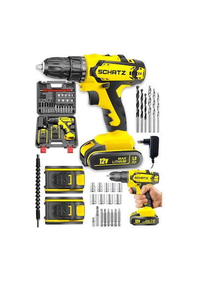 Schatz Pro 12v 1.5 Ah Darbeli Çelik Şanzıman Çift Akülü Bakır Sargılı Şarjlı Vidalama Matkap 24 Parça Sarı -