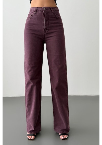 Lacarino 7869 Wide Leg Kadın Gül Baskılı Jean Pantolon Bordo