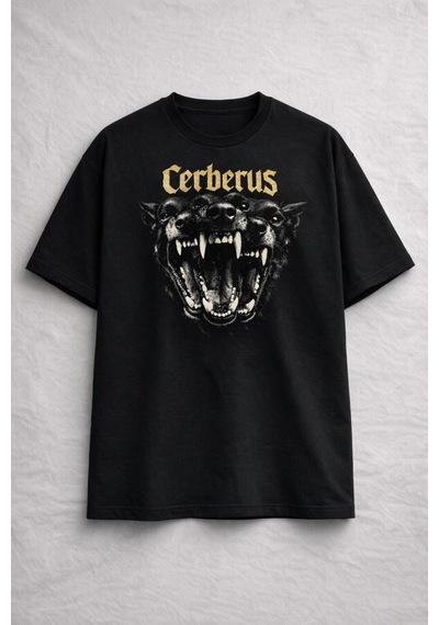 Yolo Street Cerberus Baskılı Oversize Siyah Tişört %100 Pamuk Unisex Streetwear Siyah