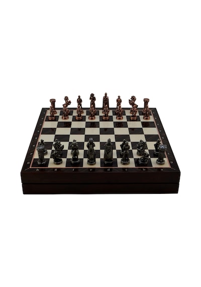 Orta Boy Metal İngiliz Satranç Takımı Antik Ve Ceviz Desenli Sandıklı Mdf Tahtası 36x36x6 Cm.