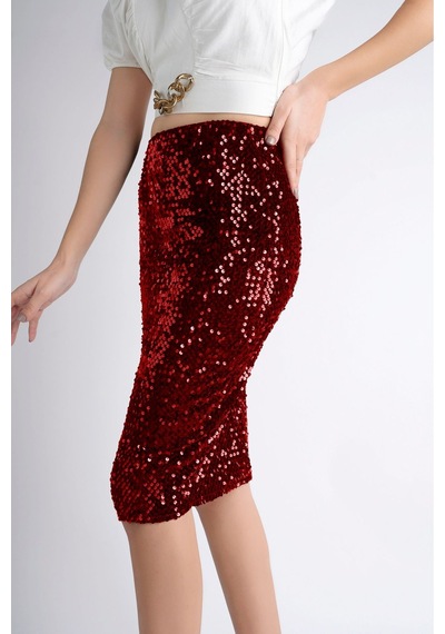 Sermoda Pullu & Astarlı Diz Altı Kalem Etek - 60 Cm Uzunlukta Abiye Etek Likralı & Esnek Pullu Etek Kırmızı Sermoda Pullu & Astarlı Diz Altı Kalem Etek - 60 Cm Uzunlukta Abiye Etek Likralı & Esnek Pullu Etek Kırmızı