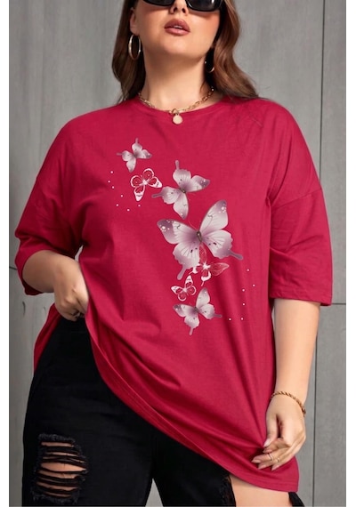 Kelebek Baskılı Kadın Büyük Beden Battal Bisiklet Yaka Pamuklu T-shirt Rahat Kesim Kirmizi