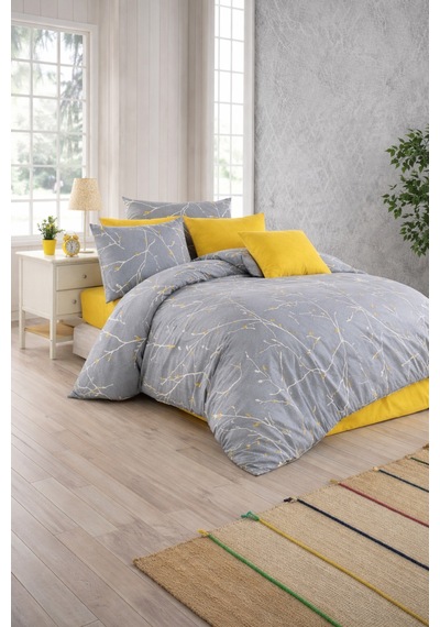 Çift Kişilik Dal Desenli Nevresim Takımı Gri-sarı Modern Tasarım 200x220 Cm