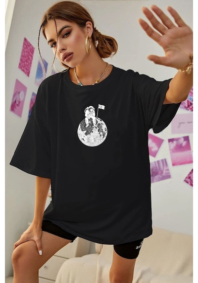 Flood Of Style Unisex Astronot Baskılı T-shirt Siyah