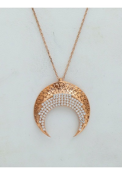 925 Ayar Bronz Renk Özgün Tasarım Gümüş Kolye (Hilal Model)