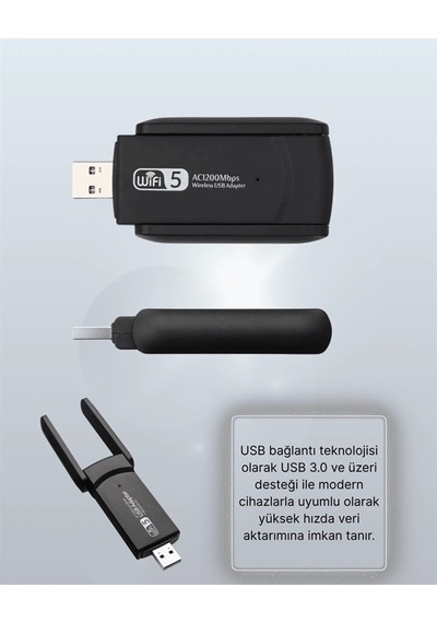 Yüksek Hızlı 1200 Mbps Çift Bant Usb Wifi Adaptör Güçlü Sinyal, Geniş Uyumluluk
