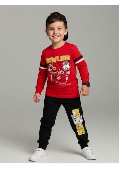 Zekids Erkek Çocuk Pamuklu Bowling Baskılı Pijama Takımı-16821 Kırmızı