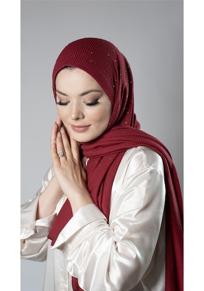 Hürrem Bone Bordo Pratik Hazır Geçmeli Tesettür Şal Örme Kumaş Taş Desenli 2118t 16
