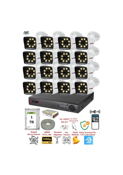 Fury 16 Kamera 5mp Lens 1080p 2mp Color Görüntü 8 Warm Led Gece Görüş Fullhd Güvenlik Kamera 25w 1tb