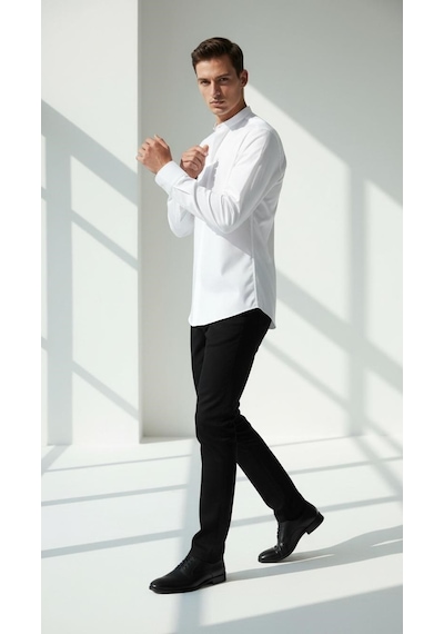 Plus Scorpion Erkek Hakim Yaka Slim Fit Gömlek Şık, Modern, Uzun Kollu, Düz Model Beyaz