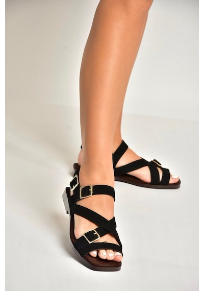 Fox Shoes Y458702602 Siyah Süet Toka Detaylı Kadın Sandalet Siyah