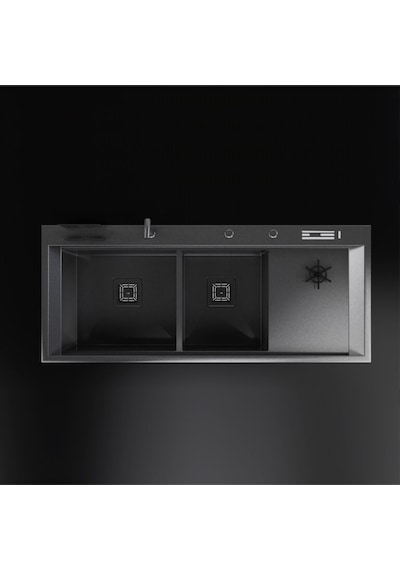 Siyah 120x50 Çift Göz Bardak Yıkamalı Paslanmaz Çelik Eviye Renkli