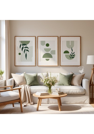 3'lü Yeşil Bohem Poster Seti Modern Minimalist Duvar Dekoratif Baskı