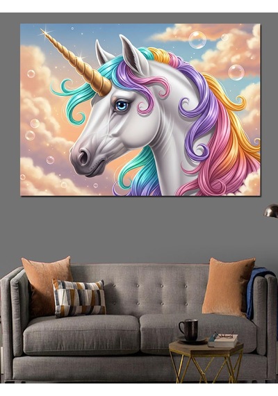 Gökkuşağı Yeleli Beyaz Unicorn Tablosu Dekoratif Kanvas - Mdf Ahşap Tablo