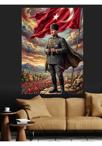 Cephede Türk Bayraklı Atatürk Portresi Dekoratif Kanvas - Mdf Ahşap Tablo