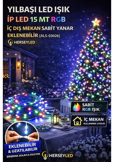 Yılbaşı Led Işık İp Led 15 Mt Rgb İç Dış Mekan Sabit Yanar Eklenebilir RGB