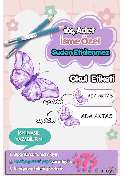 Kelebek Temalı Özel İsminiz Yazılı Okul Etiketi Diğer