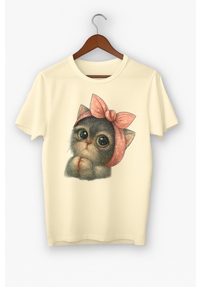Sevimli Kedi Baskılı Oversize Beyaz T-shirt Sari