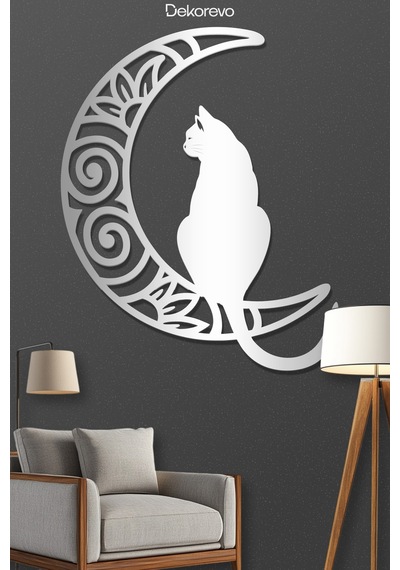 Aydaki Kedi Metal Duvar Tablosu - Metal Duvar Sanatı - Gümüş - 60 X 75 Cm