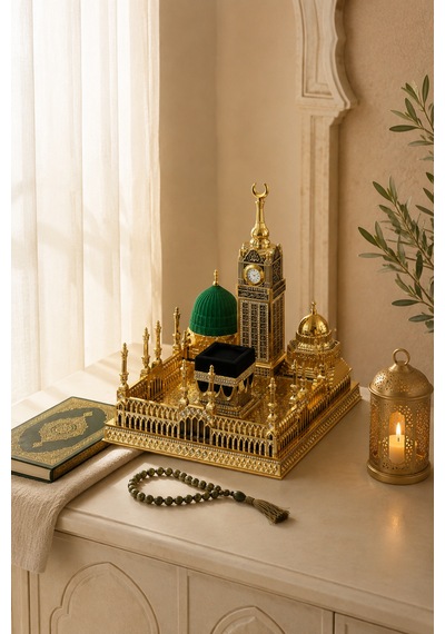 4 Lü Kâbe Ve Kutsal Mekânlar Gold Dekoratif Biblo 28x27 Cm Polyester İslami Ev Ve Ofis Dekoru 1