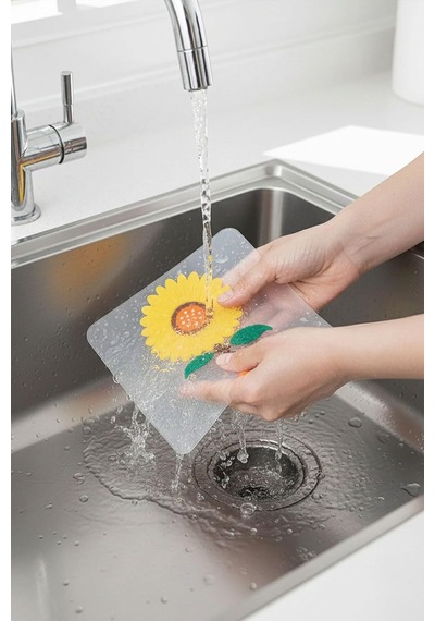 Ayçiçeği Kare Silikon Kötü Koku Önleyici Gider Kapağı Banyo, Mutfak, Balkon Lavabo Tıpası 14,5x14 Şeffaf Sarı